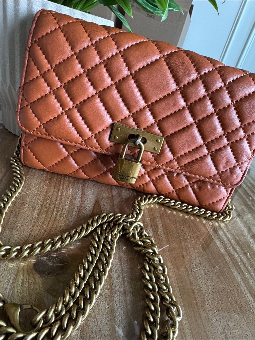 Kurt Geiger Quilted Orange Leather Crossbody with Gold Chain
